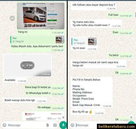 Beli kereta online dan hantar dokumen melalui Whatsapp