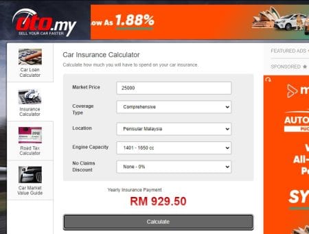 Kalkulator online untuk kira insurans kereta di Malaysia
