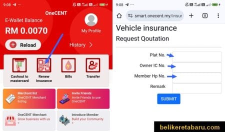 Bayar Insurans Kereta Guna OneCent Cara renew insurans kenderaan kereta guna aplikasi OneCENT