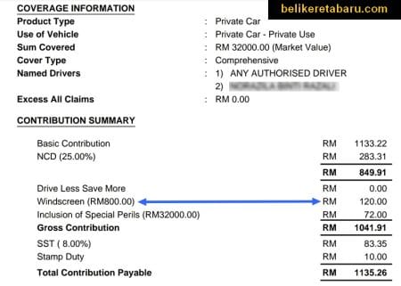 Harga insurans windscreen kereta