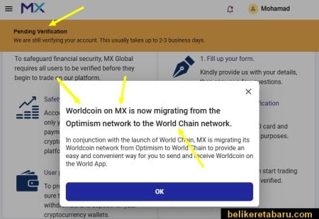 Notis berkenaan token Worldcoin menggunakan network World Chain di MX Global