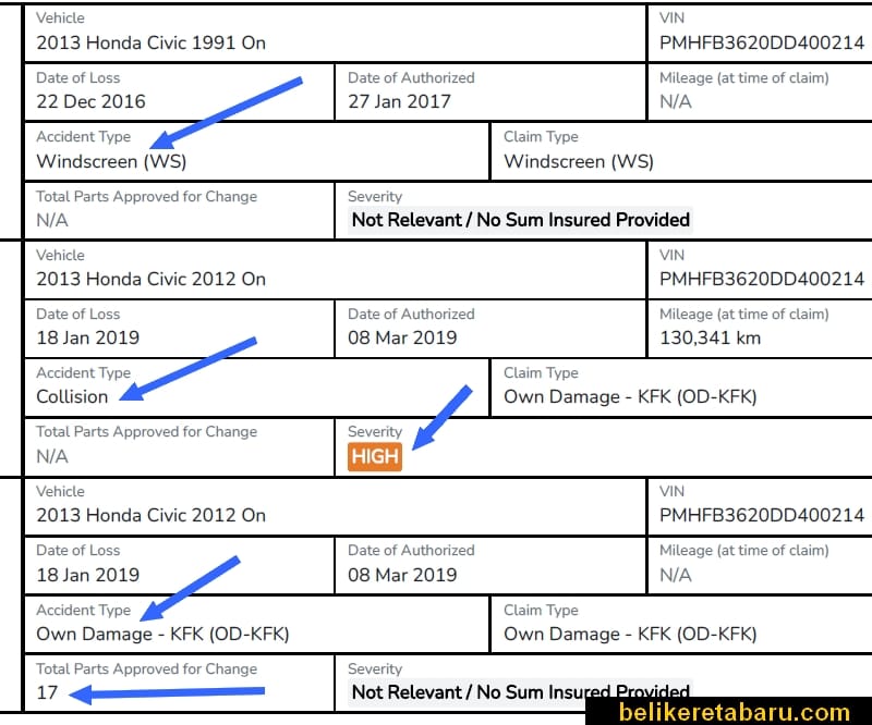 Kereta Honda Civic terpakai pecah cermin windscreen dan bekas kemalangan teruk