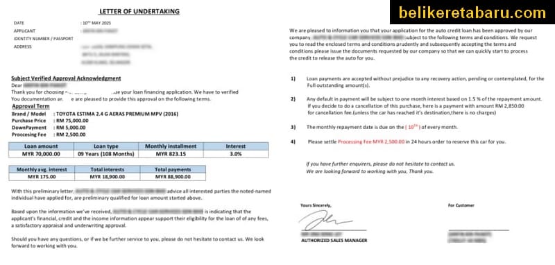 Agreement letter of undertaking loan bank kereta terpakai recond Toyota Estima paslu