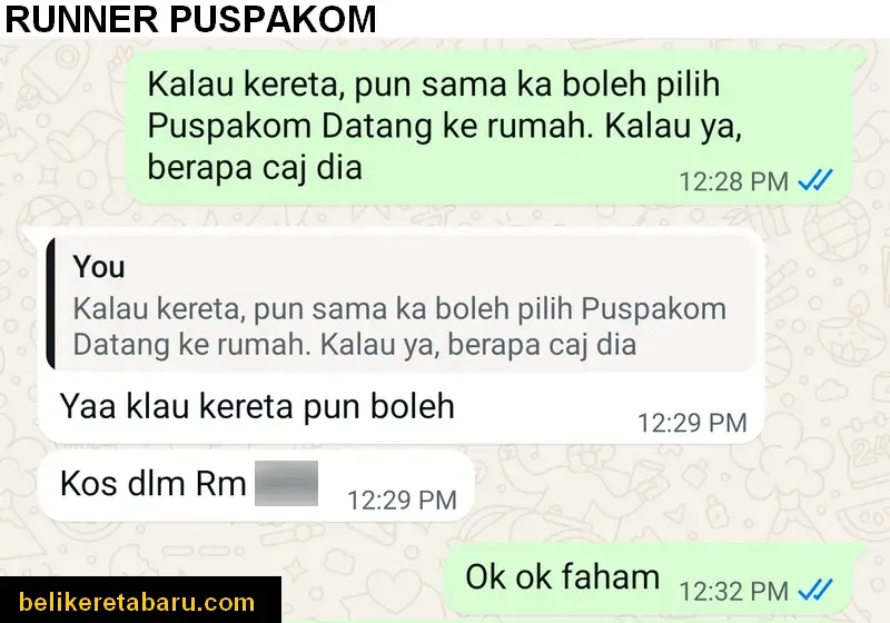 Caj bayaran untuk booking tempah runner puspakom datang ke rumah