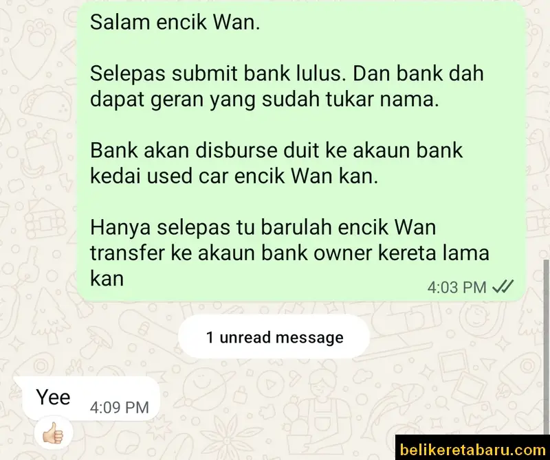 Duit hasil jual kereta menggunakan invoice kedai used car akan disburse ke kedai used car terlebih dahulu