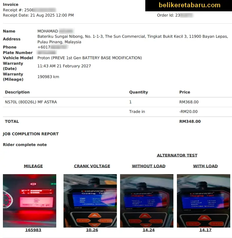 Resit bayaran bateri kereta dari Bateriku dan semak condition bateri yang digunakan