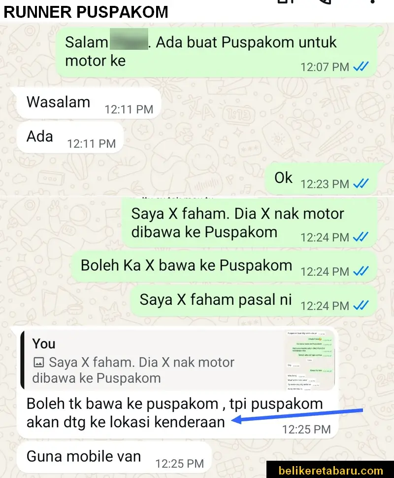 Runner puspakom untuk pemeriksaan motor boleh datang ke rumah guna van bergerak