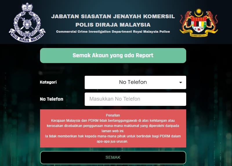 Semak akaun bank dan nombor telefon penipu scammer secara online di SemakMule