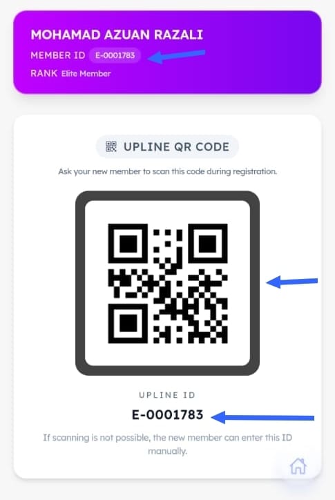 Upline nombor ID dan juga upline QR code untuk daftar dan aktifkan simkad Eastel