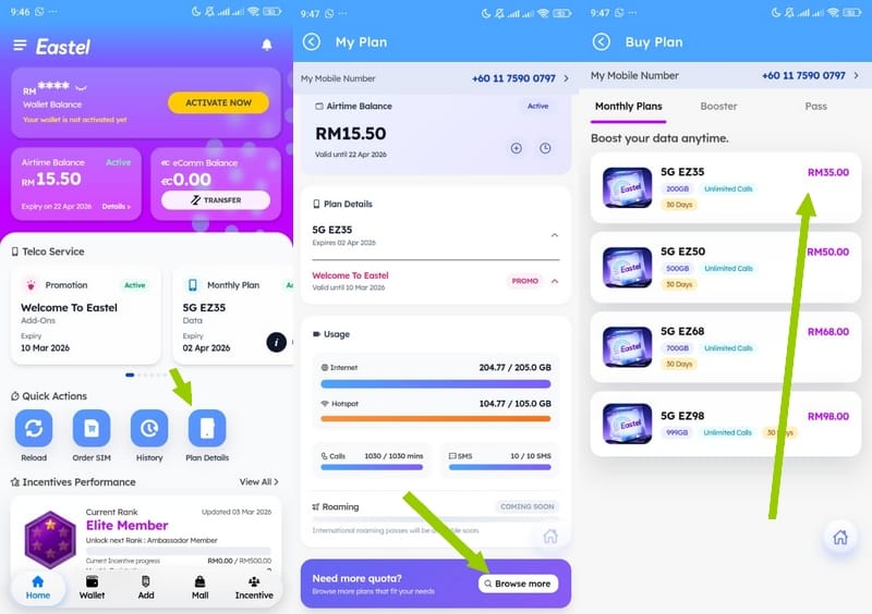 Cara langgan pakej plan panggilan call dan kuota data internet bulanan simkad Eastel