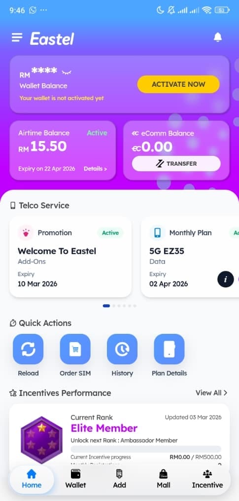 Paparan dashboard home aplikasi Eastel