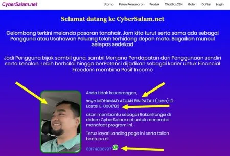 Web promosi Eastel ada gambar muka, nama ejen, member ID dan juga nombor telefon