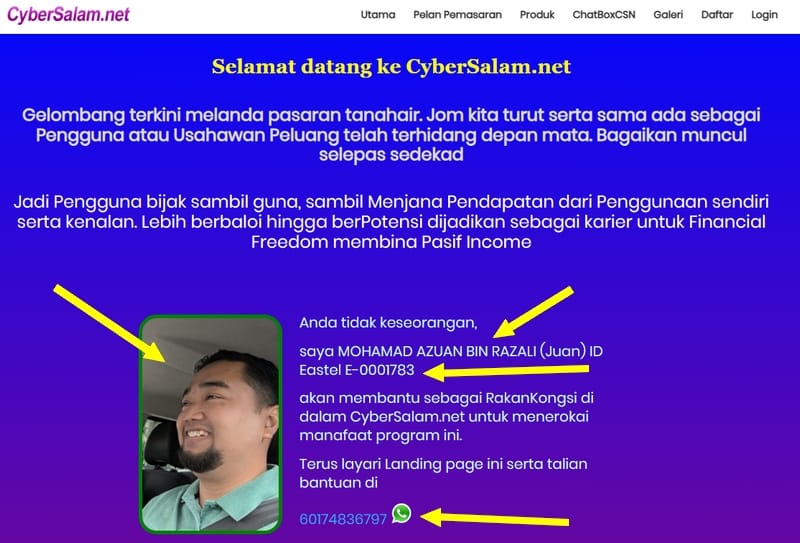 Web promosi Eastel ada gambar muka, nama ejen, member ID dan juga nombor telefon